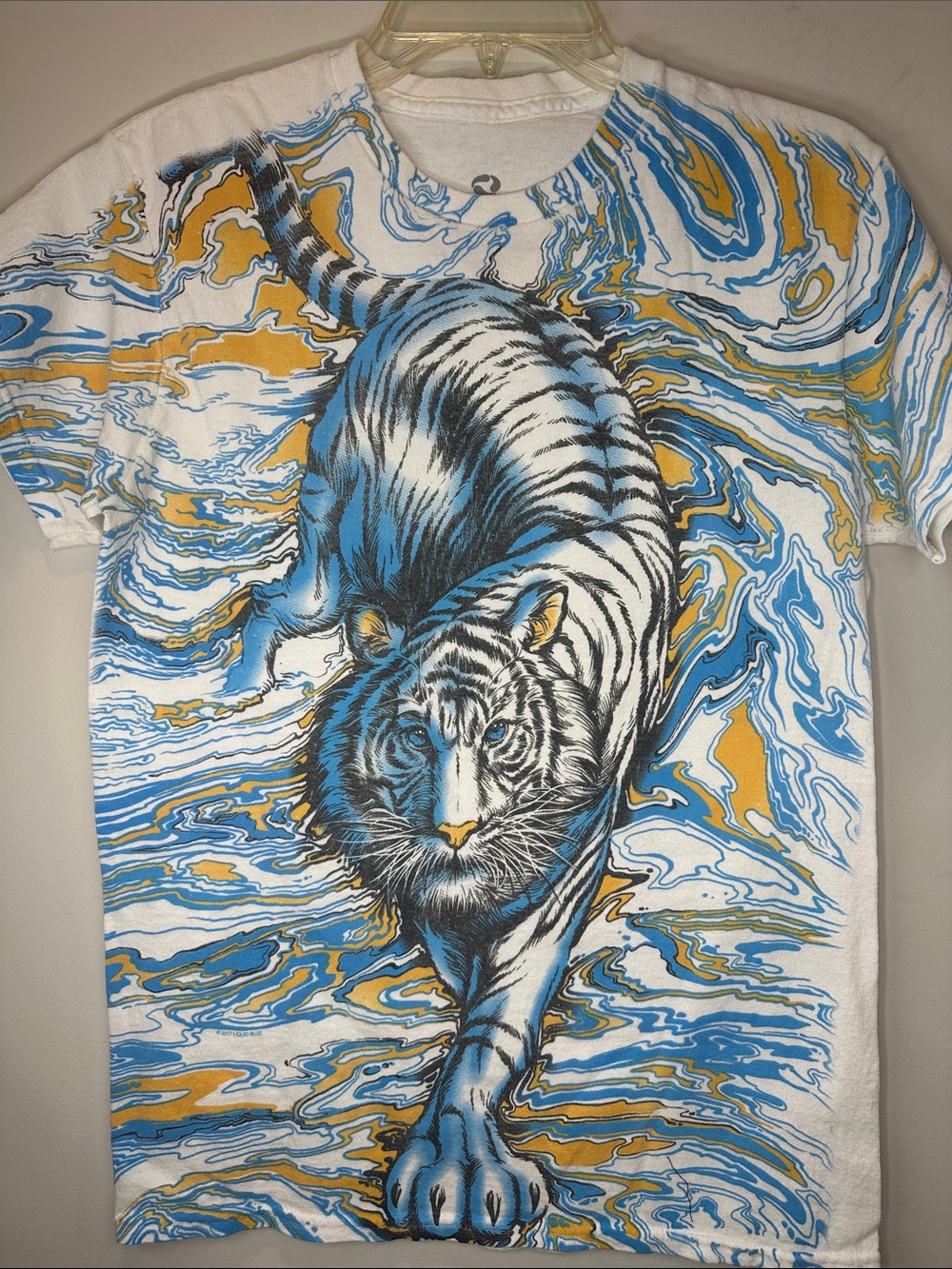 Liquid Blue White Tiger All Over Print T-Shirt White & Blue Small